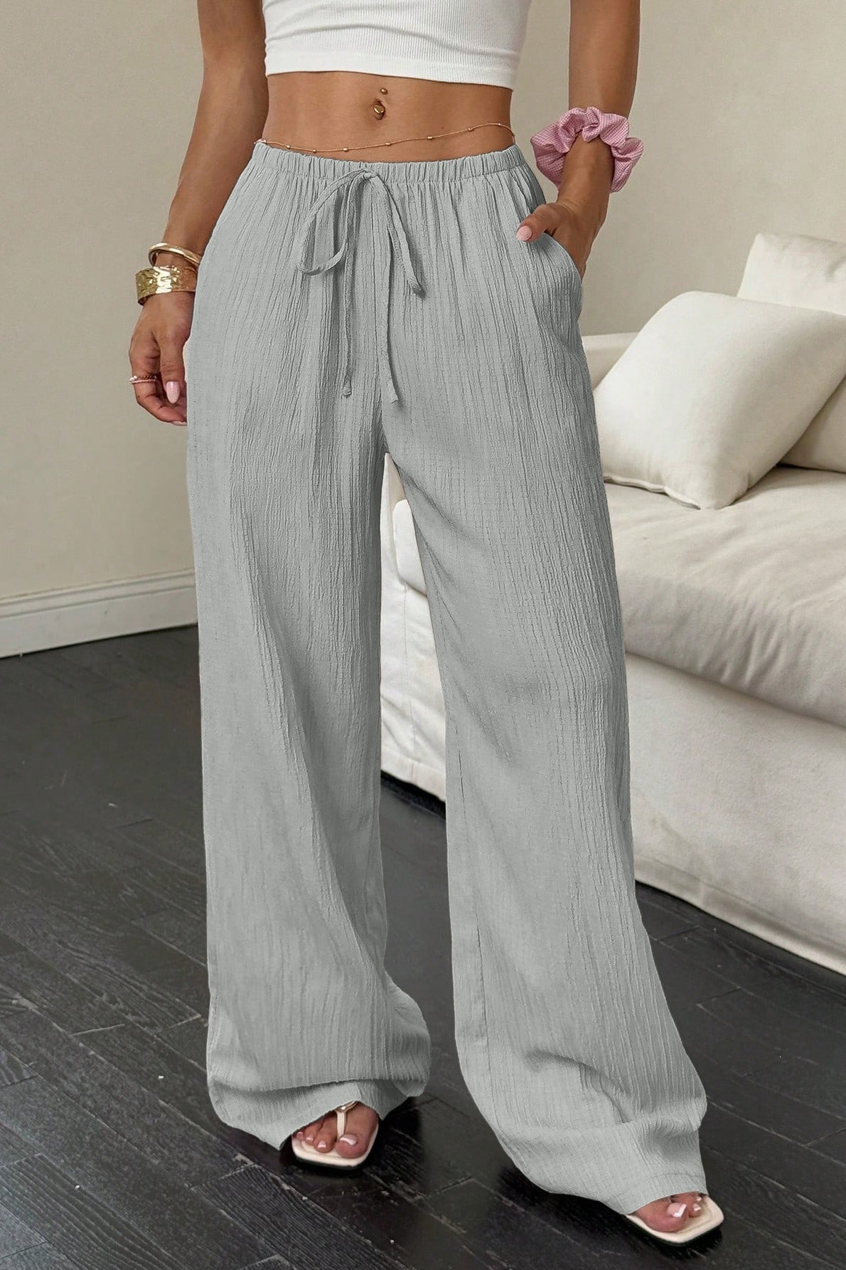 Damskie Spodnie Z Szeroką Nogawką Z Wiązaniem W Talii