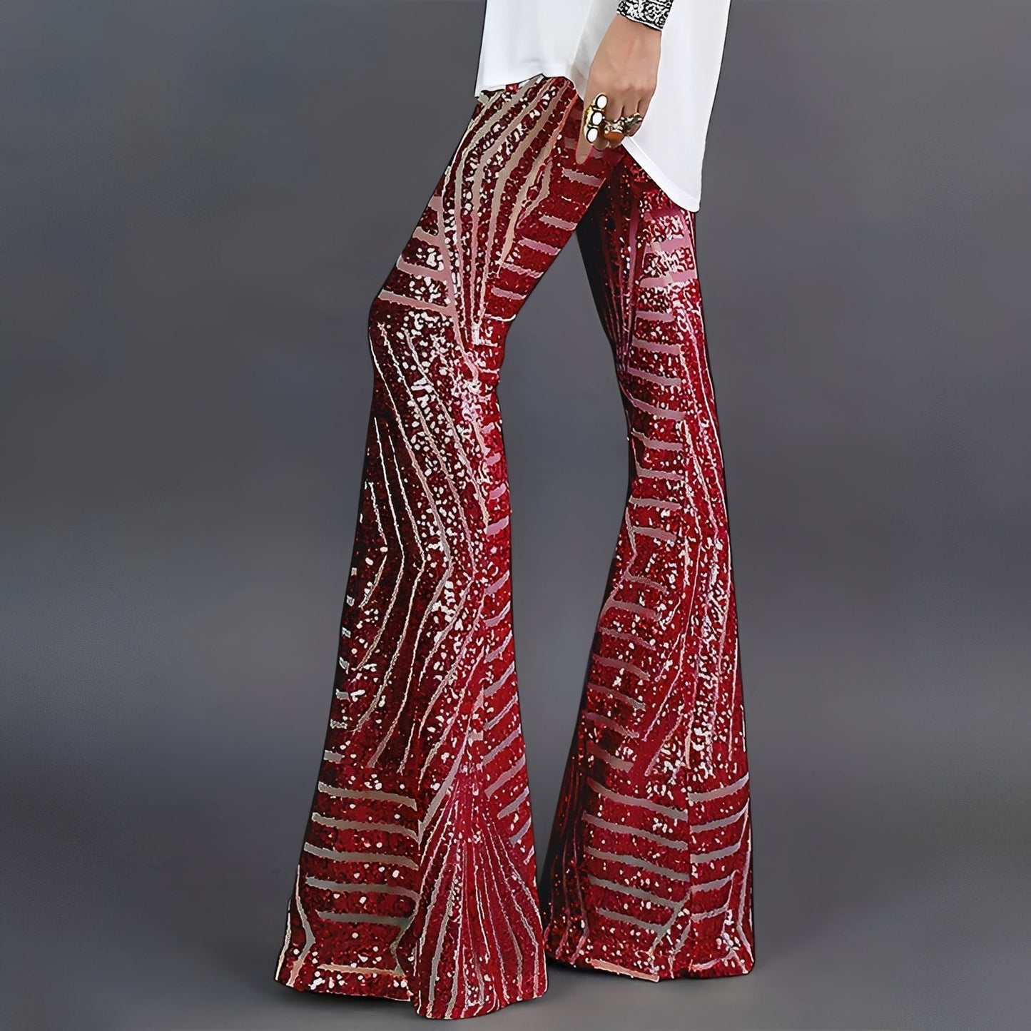 Charlita - Eleganckie rozkloszowane spodnie z cekinami dla kobiet