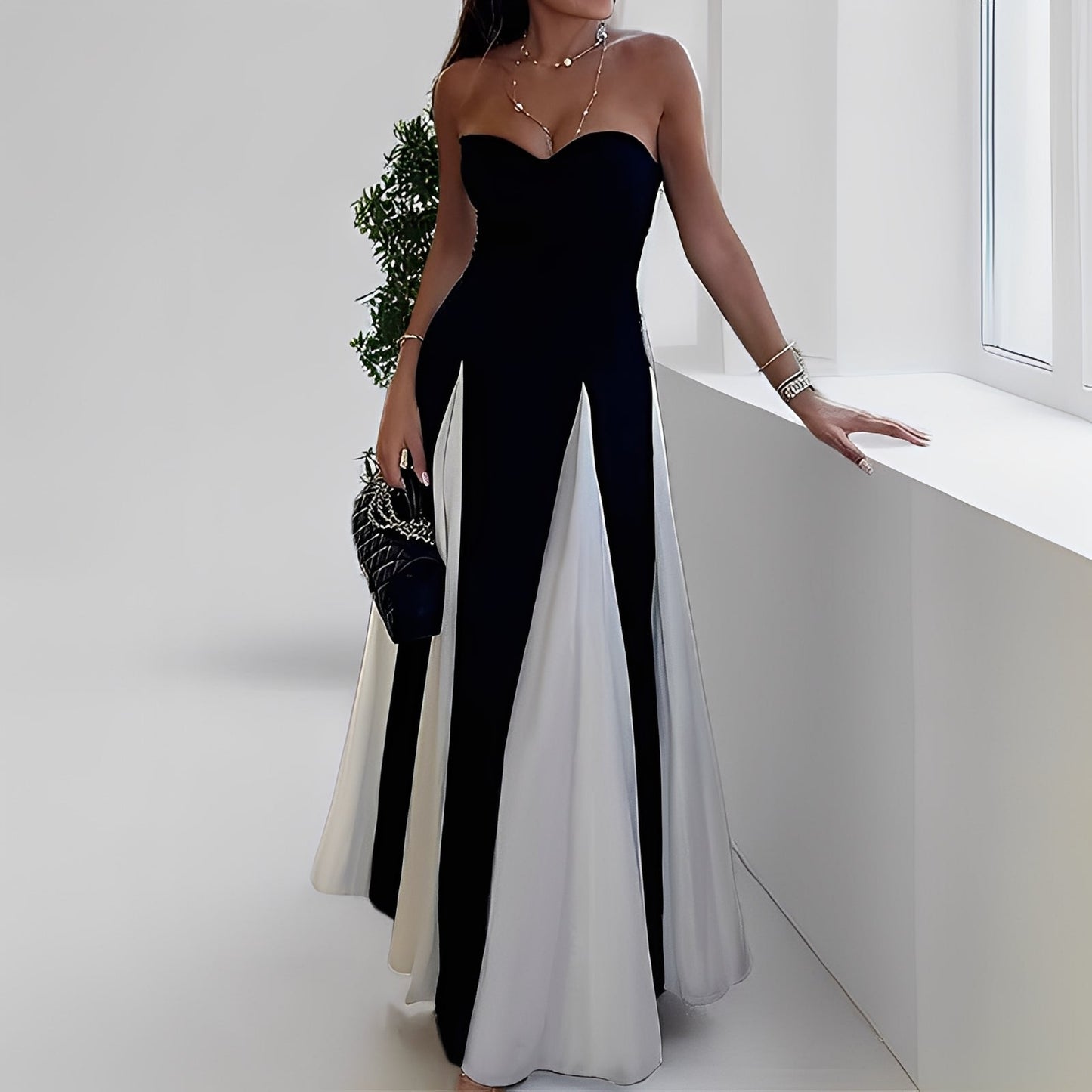 Charisse - Elegancka kontrastowa sukienka z dużym brzegiem dla kobiet