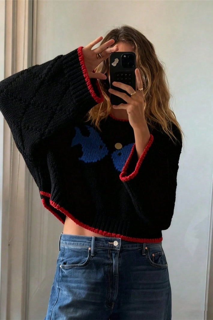 Sweter Dzianinowy Z Motywem Szczeniaka I Lamówką