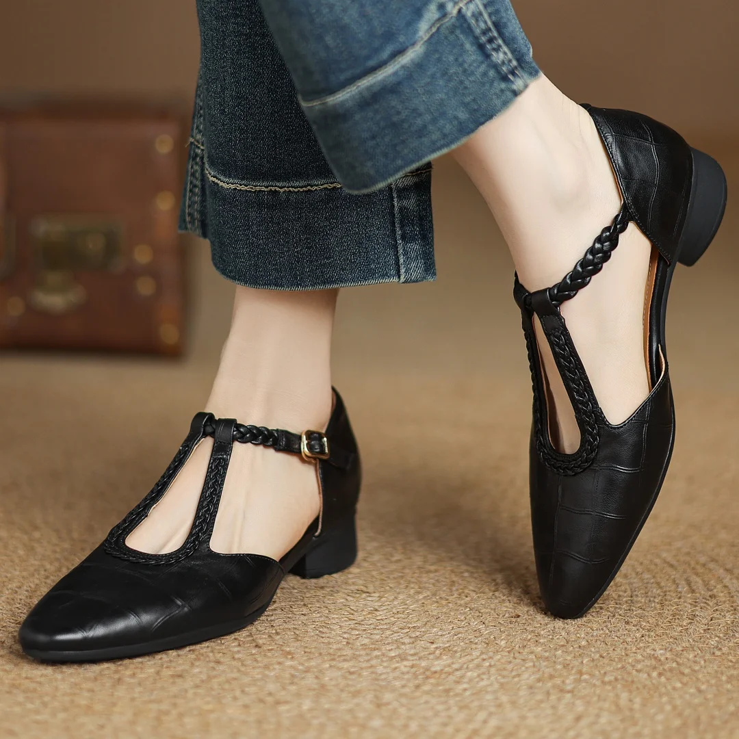 Damskie Skórzane Buty Na Pasek T Z Plecionym Detalem