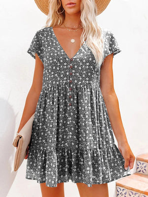 Letnia sukienka damska w kwiaty z dekoltem w serek, rozkloszowana, boho, mini