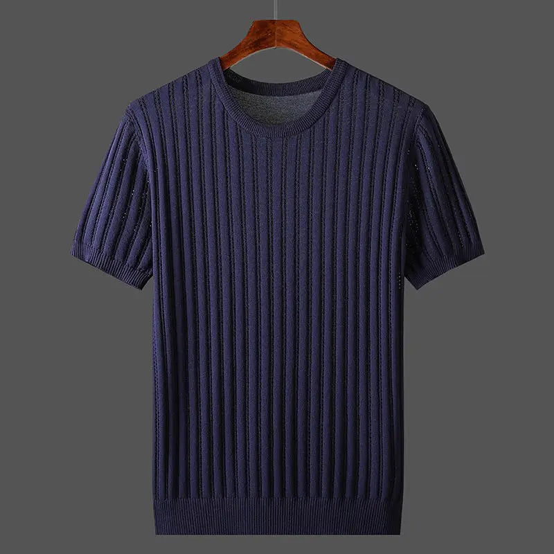 Męski T Shirt Dzianinowy Ze Ściągaczem I Okrągłym Dekoltem