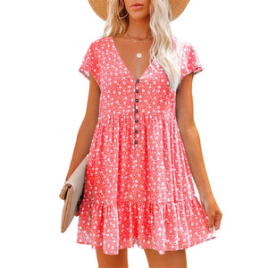 Letnia sukienka damska w kwiaty z dekoltem w serek, rozkloszowana, boho, mini
