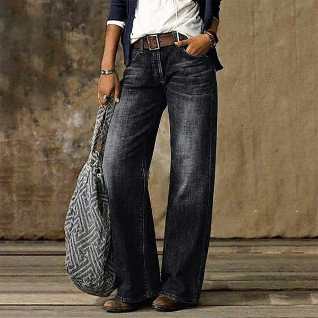 Damskie Jeansy Z Szeroką Nogawką Denim