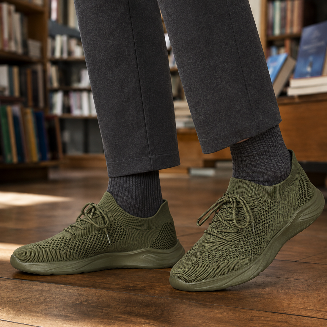 Widok z góry na lekkie damskie sneakersy dzianinowe