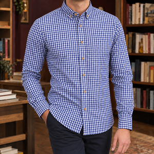 Tył męskiej koszuli bawełnianej w kratkę gingham