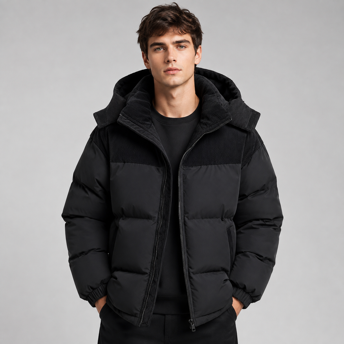 Męska pikowana kurtka oversize z kapturem prezentowana na modelu