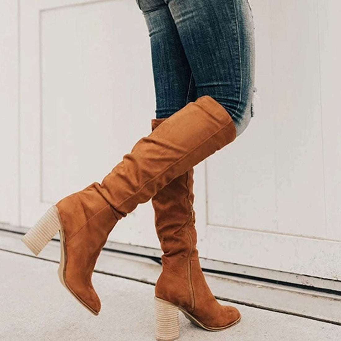 Damskie Kozaki Z Imitacji Zamszu Za Kolano Na Słupku