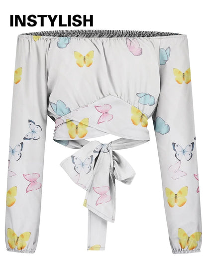 Bluzka Damska Boho z Odkrytymi Ramionami, Lampionowe Rękawy, Krótkie Top