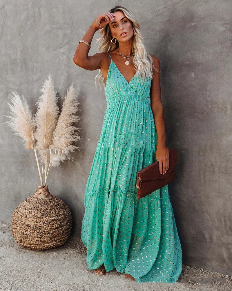 Boho chic zielona długa letnia sukienka