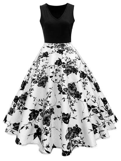 Wintage sukienka koktajlowa trapezowa w stylu pin-up z kwiatowym wzorem z lat 50.