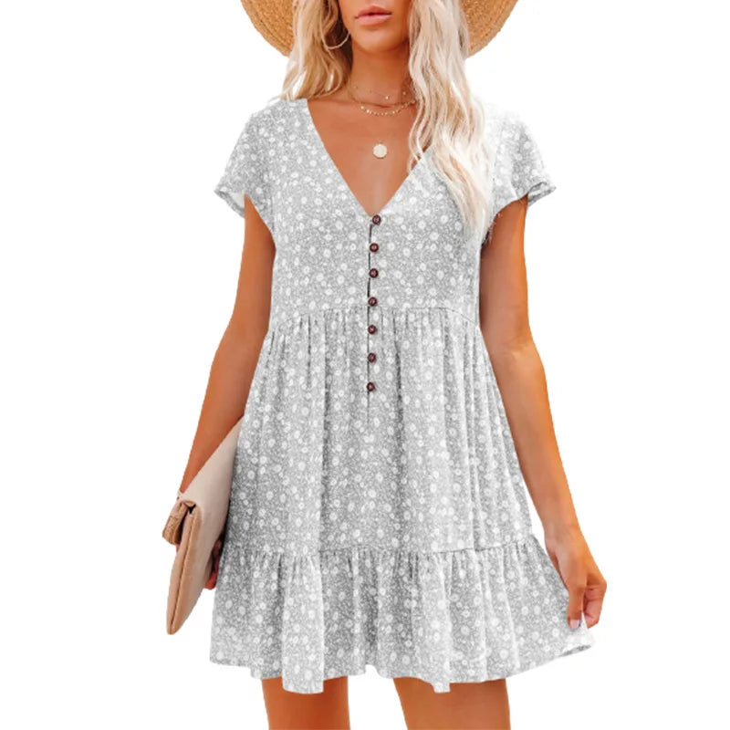 Letnia sukienka damska w kwiaty z dekoltem w serek, rozkloszowana, boho, mini