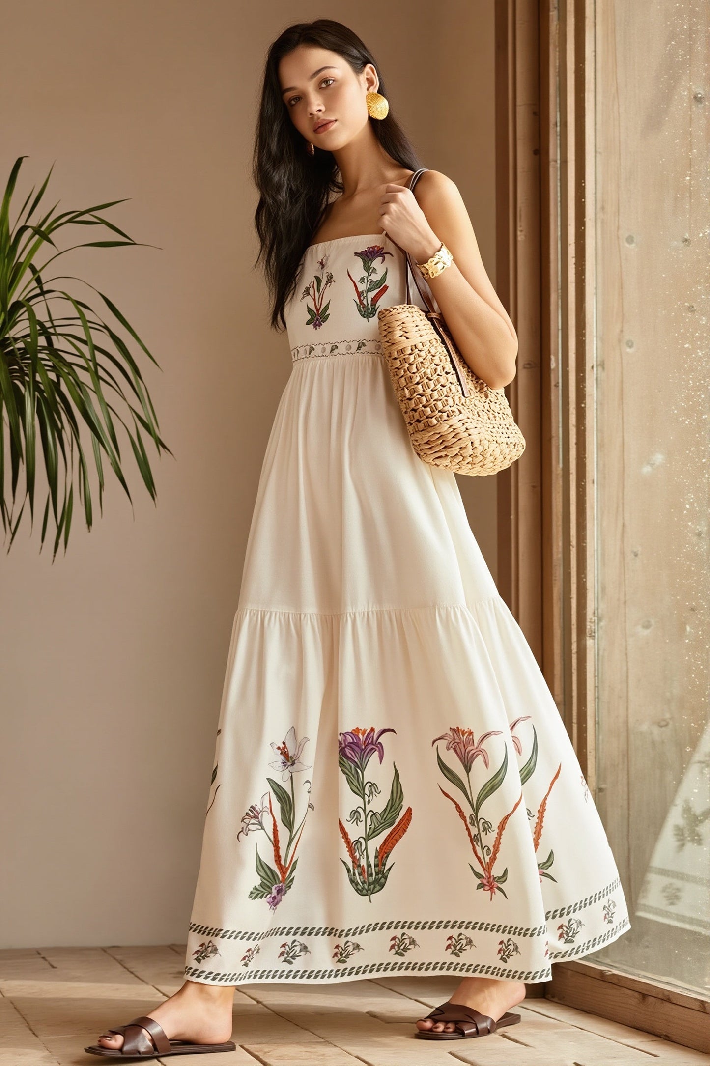 Sukienka maxi boho w kwiaty prezentowana na sylwetce z boku