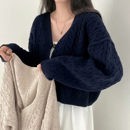 Damski vintage sweter z dzianiny warkoczowej z dekoltem w serek, luźny kardigan z dzianiny