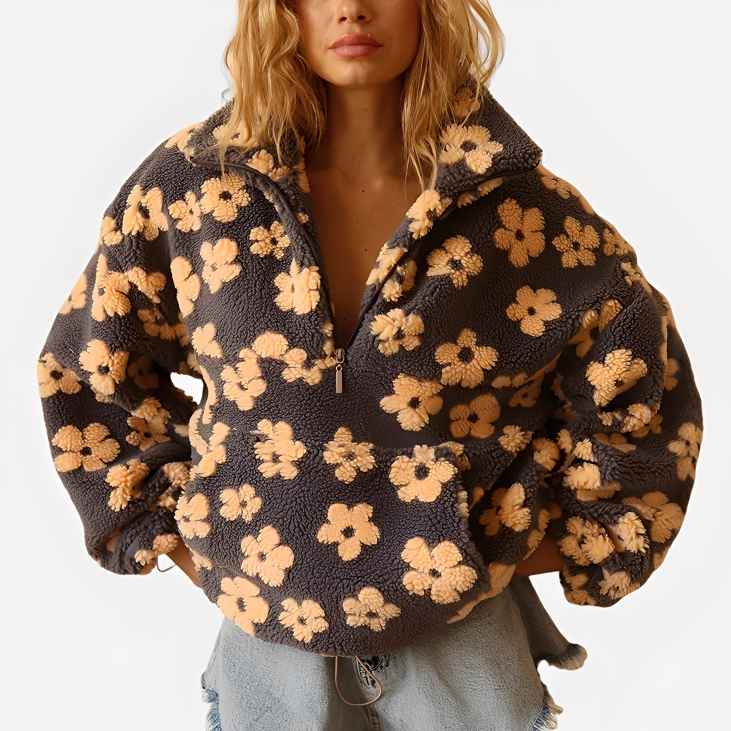 Elizabeth - Stylowy Sherpa-Pulower z Kwiatowym Wzorem dla Kobiet