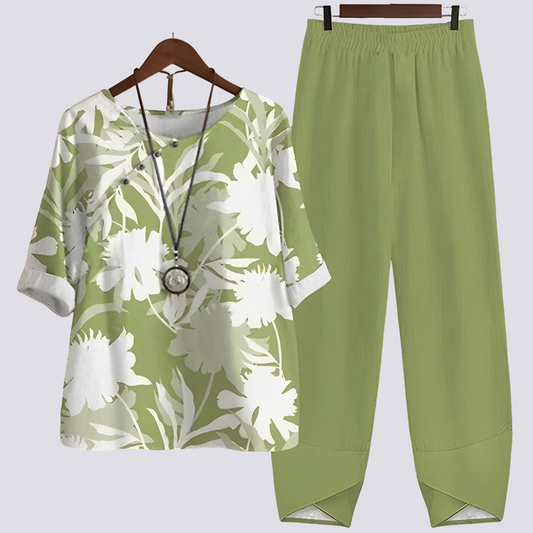 Damski dwuczęściowy zestaw z nowoczesnym wzorem, bluzka i spodnie