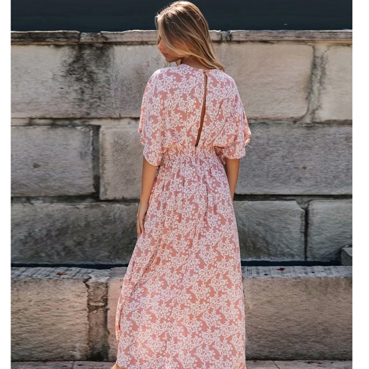 Różowa Prochowa Boho Sukienka Maxi z Rozcięciem
