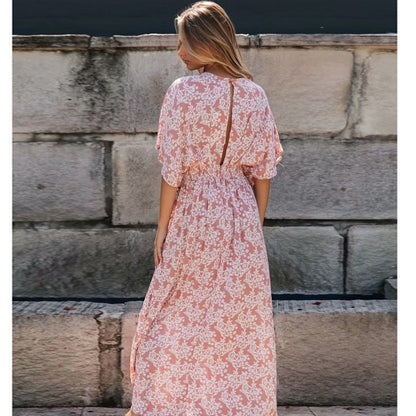 Różowa Prochowa Boho Sukienka Maxi z Rozcięciem