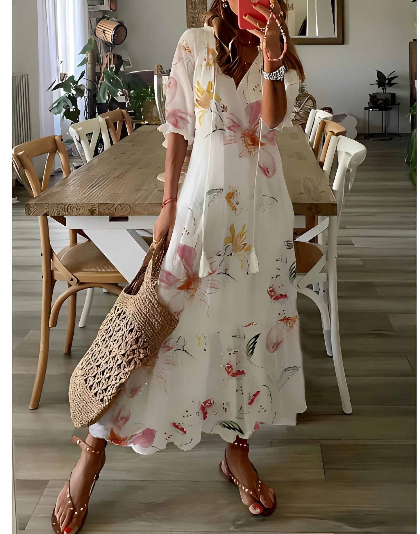 Domitille - Sukienka elegancka z dekoltem V luźna dla kobiet