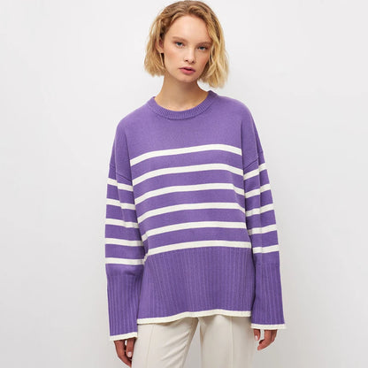 Damski Oversize Sweter z Dzianiny w Paski z Okrągłym Dekoltem