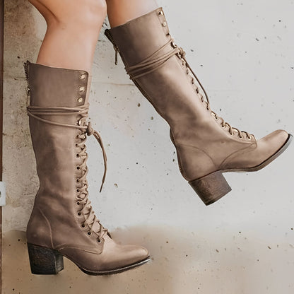 Ludivine - Buty z wysokimi sznurowanymi cholewkami i kwadratowymi obcasami dla kobiet
