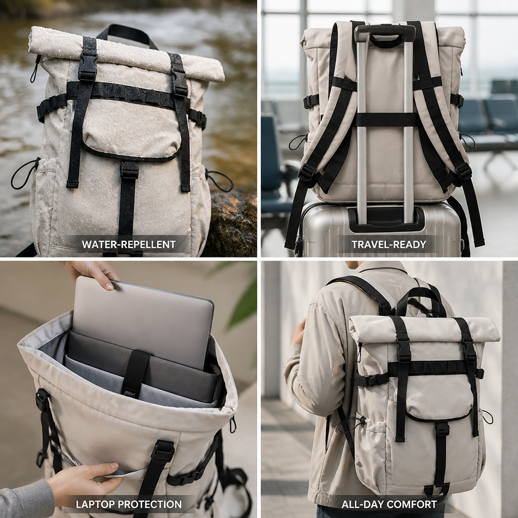 Plecak rolltop z dużą komorą główną i zwijaną górą