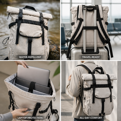 Plecak rolltop z dużą komorą główną i zwijaną górą
