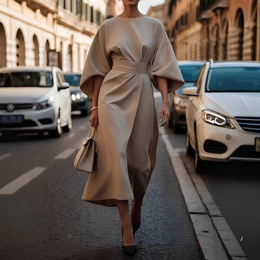 Élise - Sukienka elegancka z rękawami latarnianymi i paskiem dla kobiet