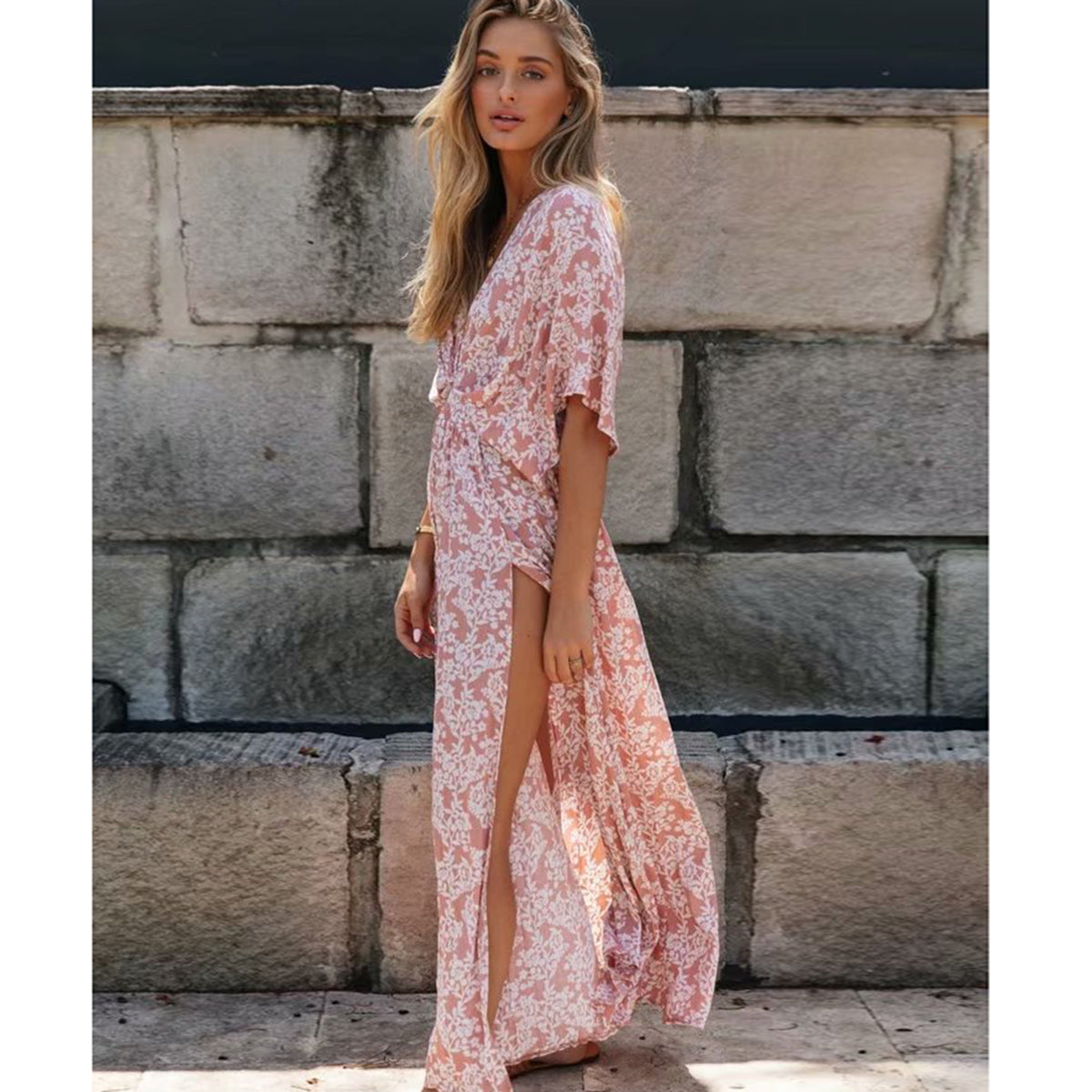 Różowa Prochowa Boho Sukienka Maxi z Rozcięciem