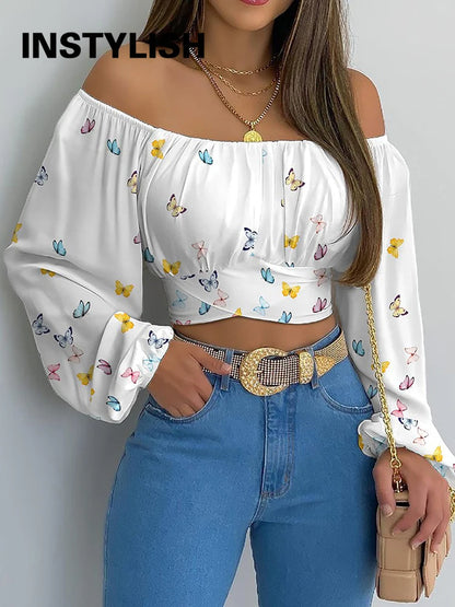Bluzka Damska Boho z Odkrytymi Ramionami, Lampionowe Rękawy, Krótkie Top