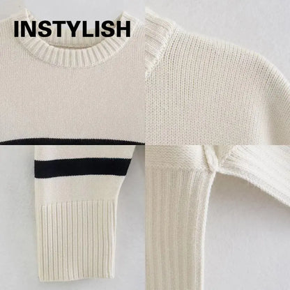 Damski Oversize Sweter z Dzianiny w Paski z Okrągłym Dekoltem