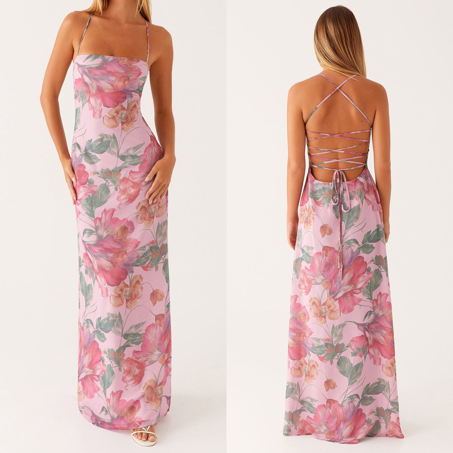 Letnia sukienka maxi damska w kwiaty, bez rękawów, boho