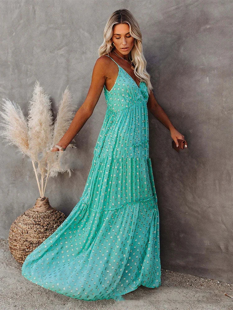 Boho chic zielona długa letnia sukienka