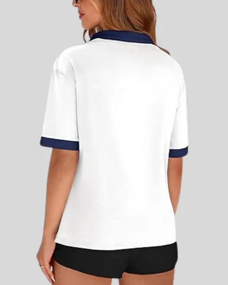 Detal wzoru color block na damskiej koszulce polo