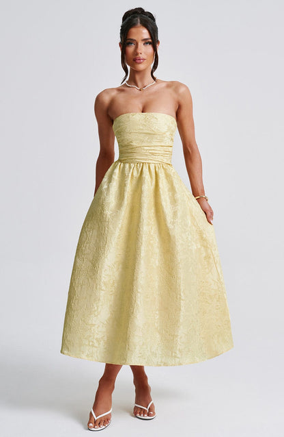 Sukienka midi bez ramiączek z kwiatowego żakardu w kolorze cytrynowym