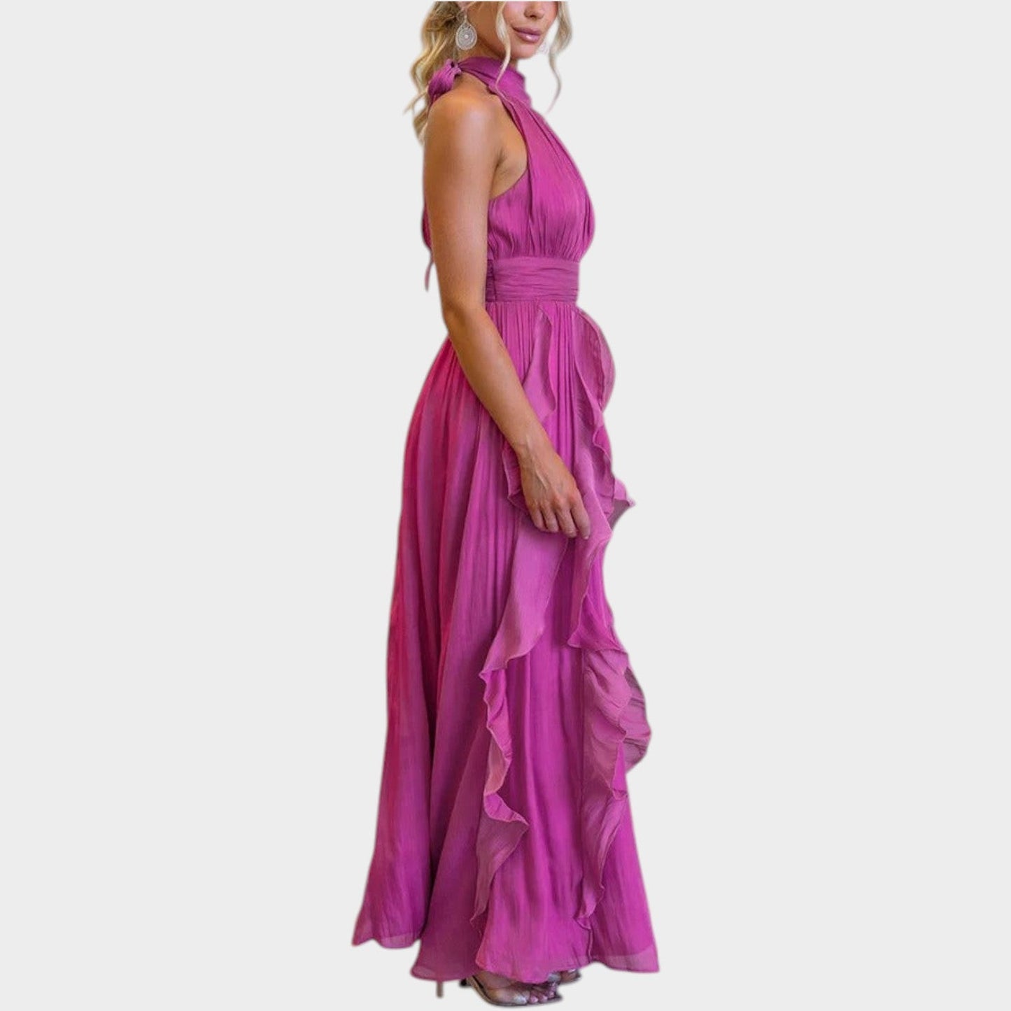 Elegancka sukienka maxi z falbanami i wiązaniem na szyi typu halter