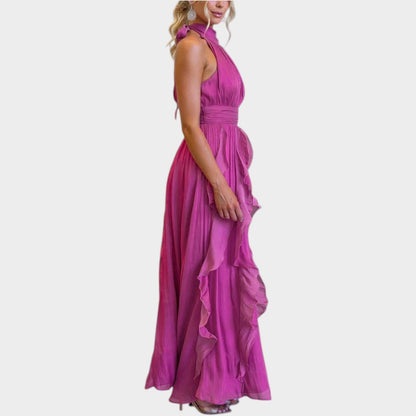 Elegancka sukienka maxi z falbanami i wiązaniem na szyi typu halter