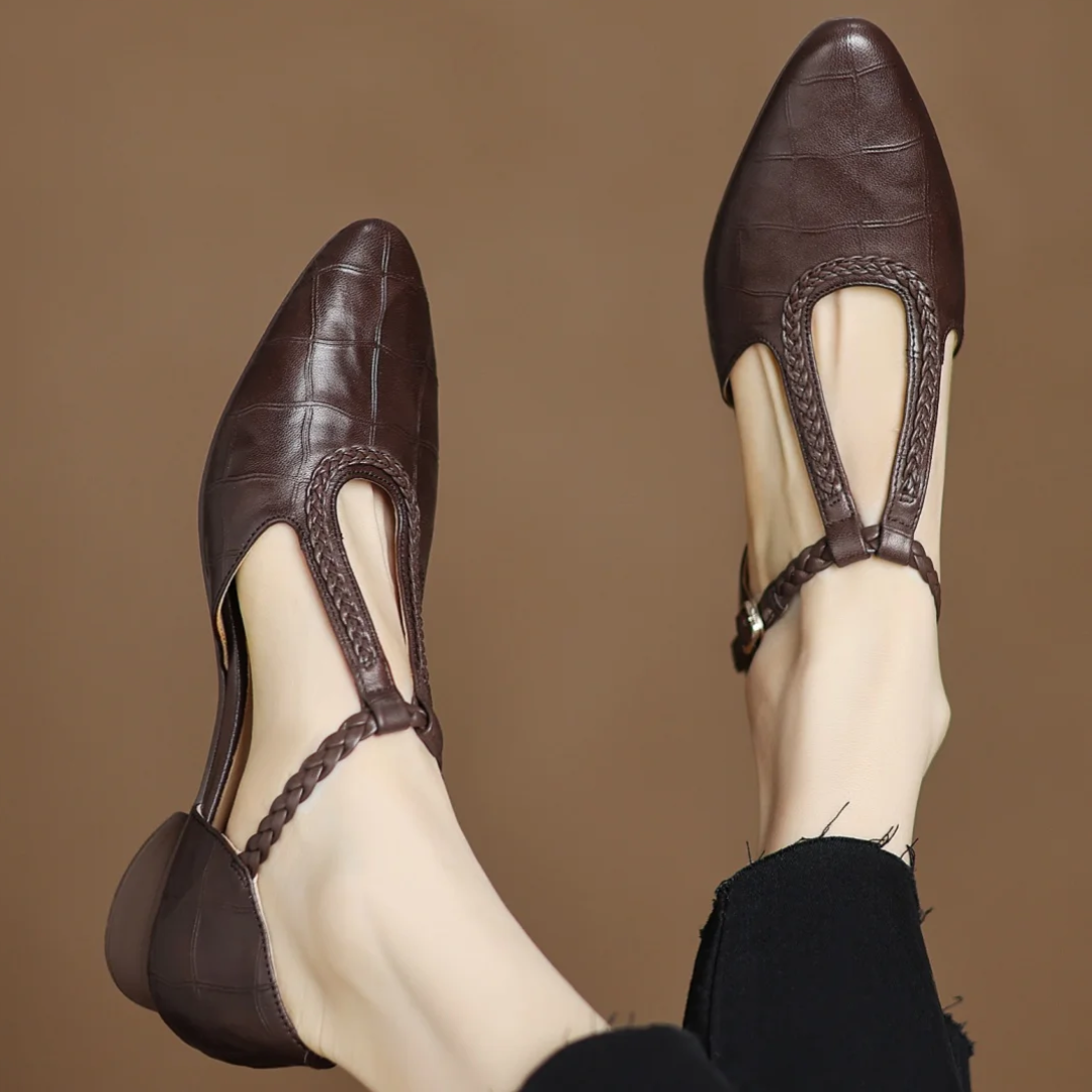 Damskie Skórzane Buty Na Pasek T Z Plecionym Detalem