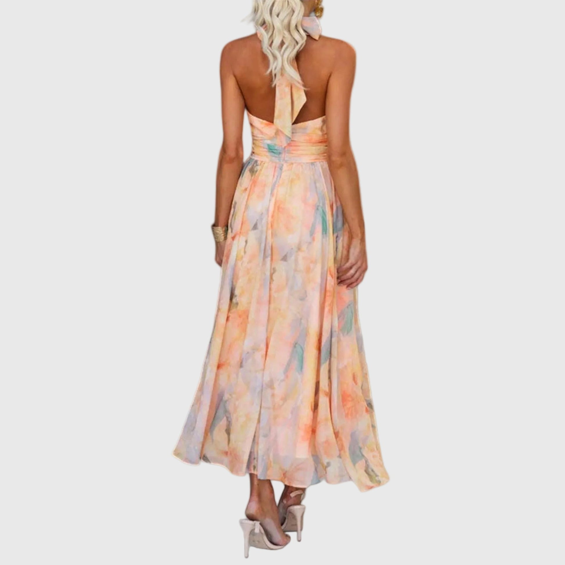 Damska elegancka sukienka maxi halter, widok z tyłu z odkrytymi plecami