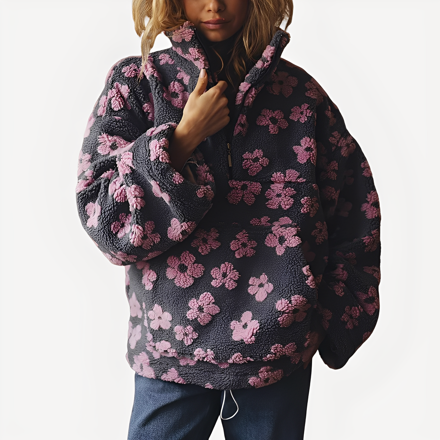 Elizabeth - Stylowy Sherpa-Pulower z Kwiatowym Wzorem dla Kobiet