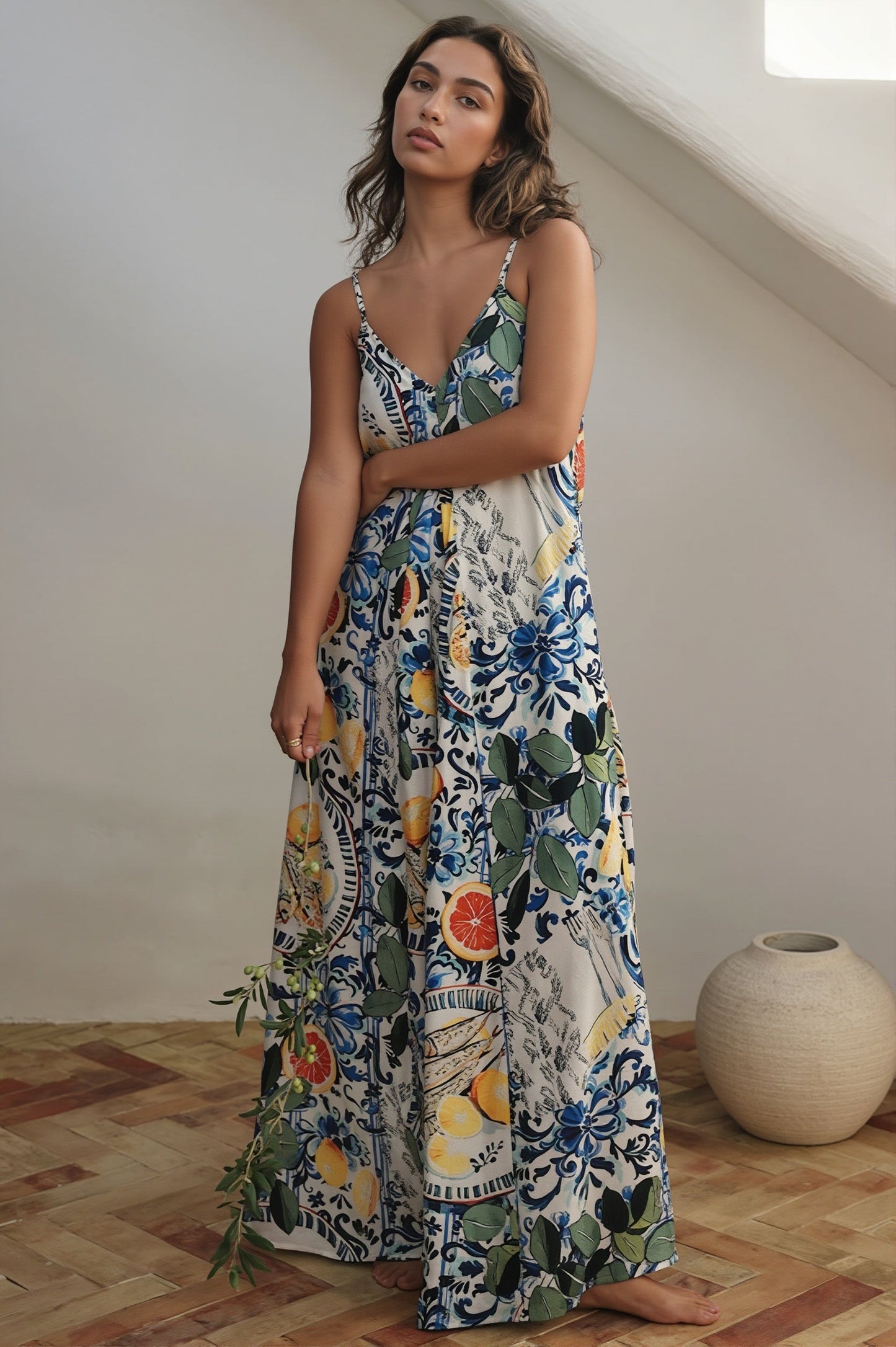 Damska Sukienka Maxi Z Nadrukiem Roślinnym Boho