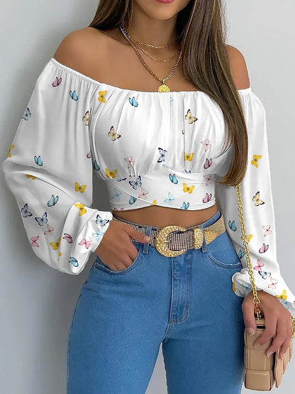 Bluzka Damska Boho z Odkrytymi Ramionami, Lampionowe Rękawy, Krótkie Top