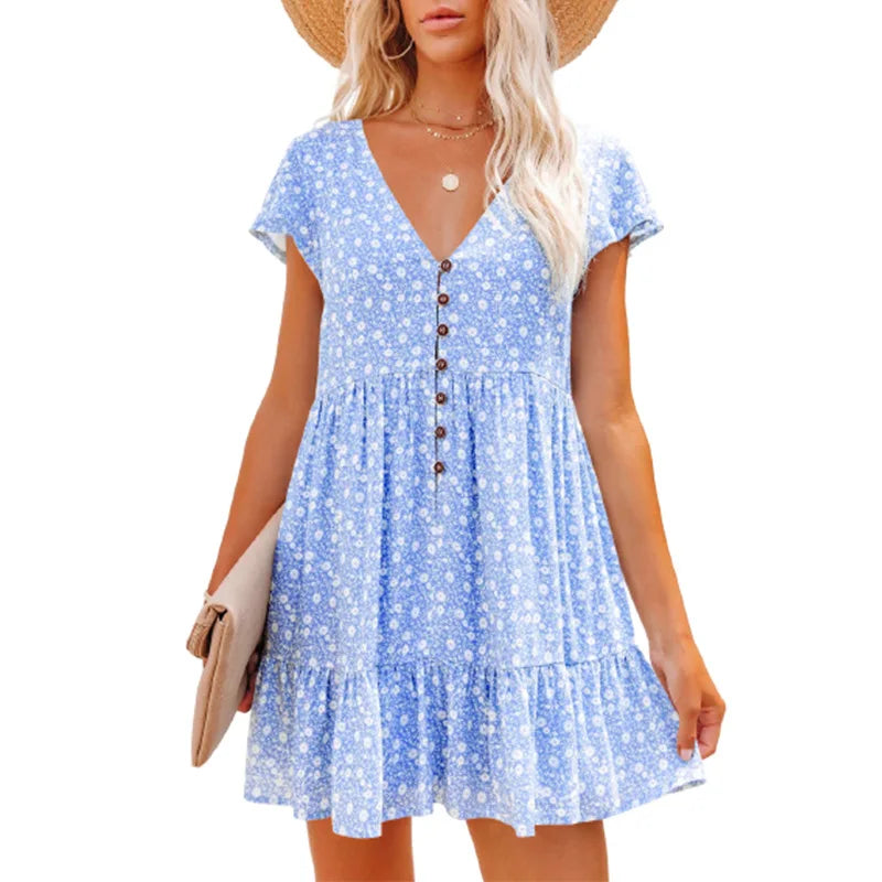 Letnia sukienka damska w kwiaty z dekoltem w serek, rozkloszowana, boho, mini