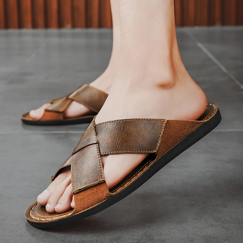 Męskie skórzane klapki typu slip-on z otwartym noskiem czarne brązowe