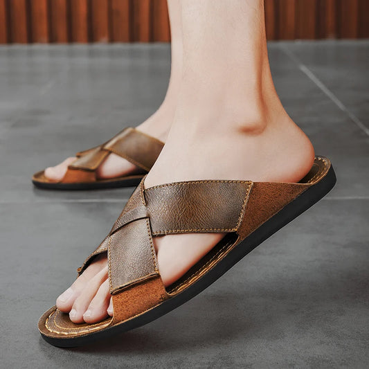 Męskie skórzane klapki typu slip-on z otwartym noskiem czarne brązowe