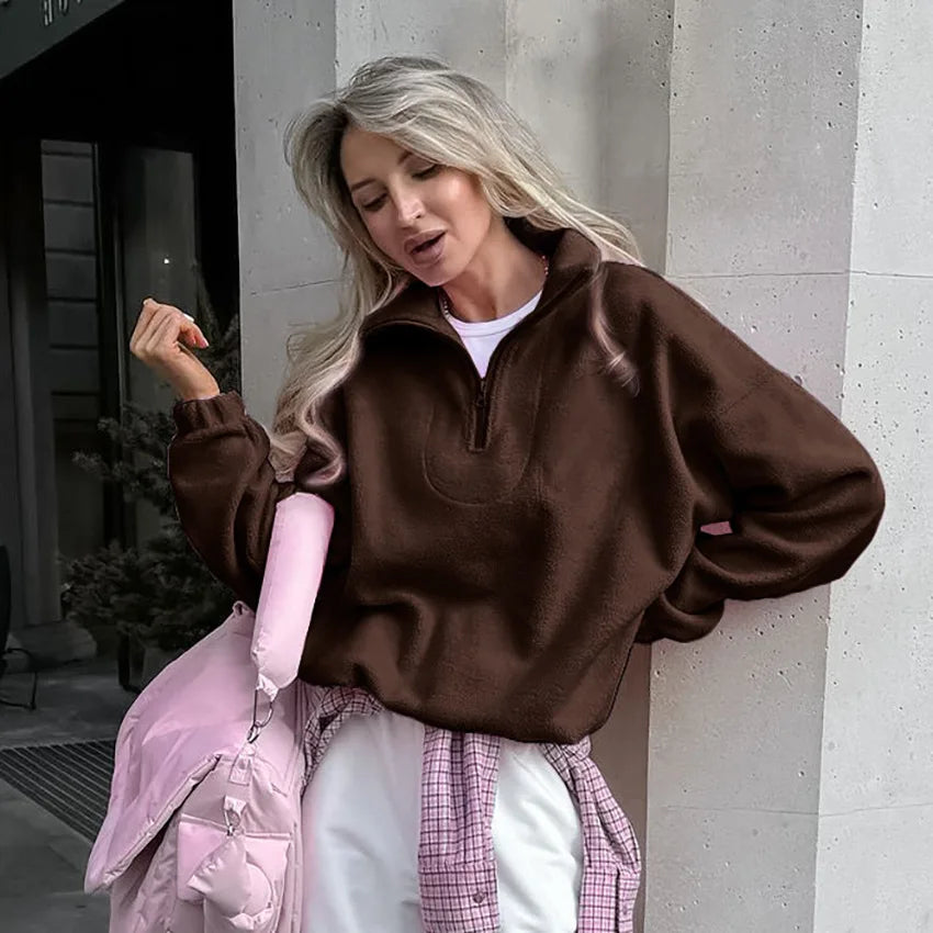 Damska bluza z polaru z kołnierzem typu stojak i zamkiem, luźna sweatshirt