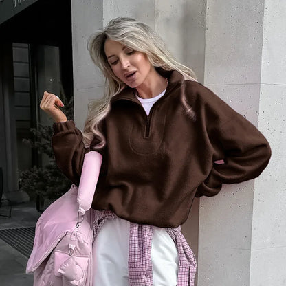 Damska bluza z polaru z kołnierzem typu stojak i zamkiem, luźna sweatshirt