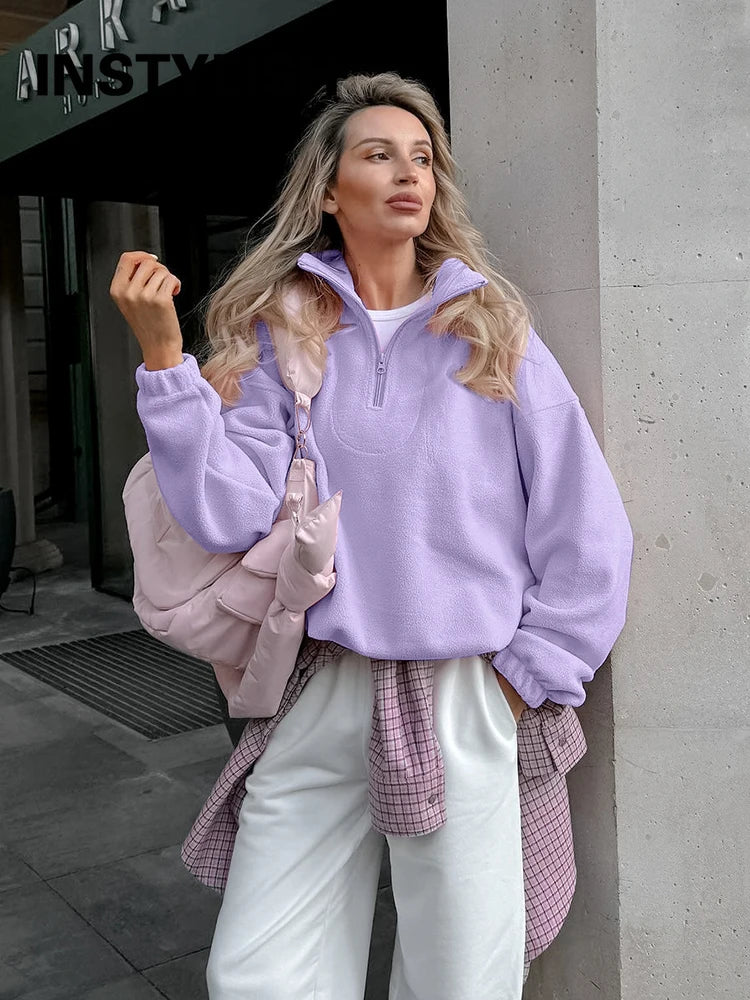 Damska bluza z polaru z kołnierzem typu stojak i zamkiem, luźna sweatshirt