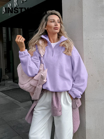 Damska bluza z polaru z kołnierzem typu stojak i zamkiem, luźna sweatshirt